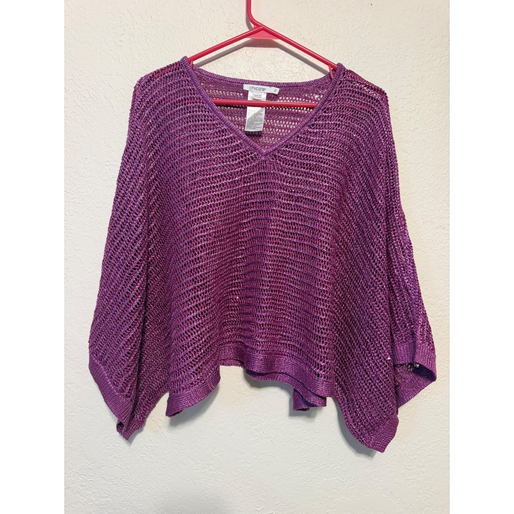 Chicos Purple Metallic Open Knit Poncho Sweater V-Neck Oversized Size S/M